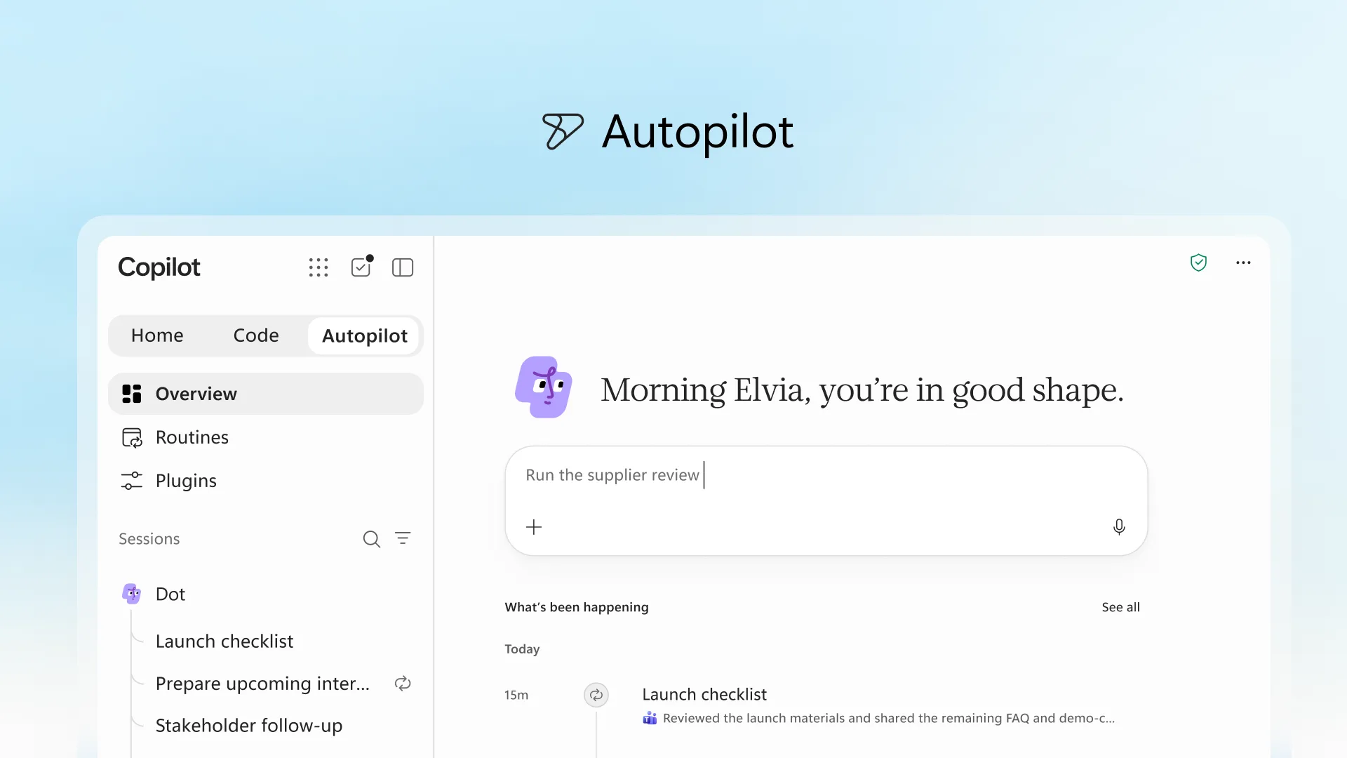 Microsoft Copilot Autopilot interface with a supplier review prompt