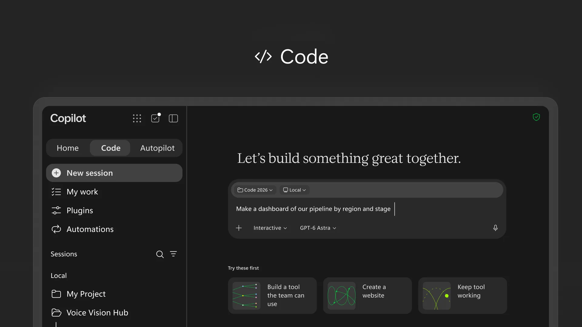 Microsoft Copilot Code tab with a request to build a pipeline dashboard