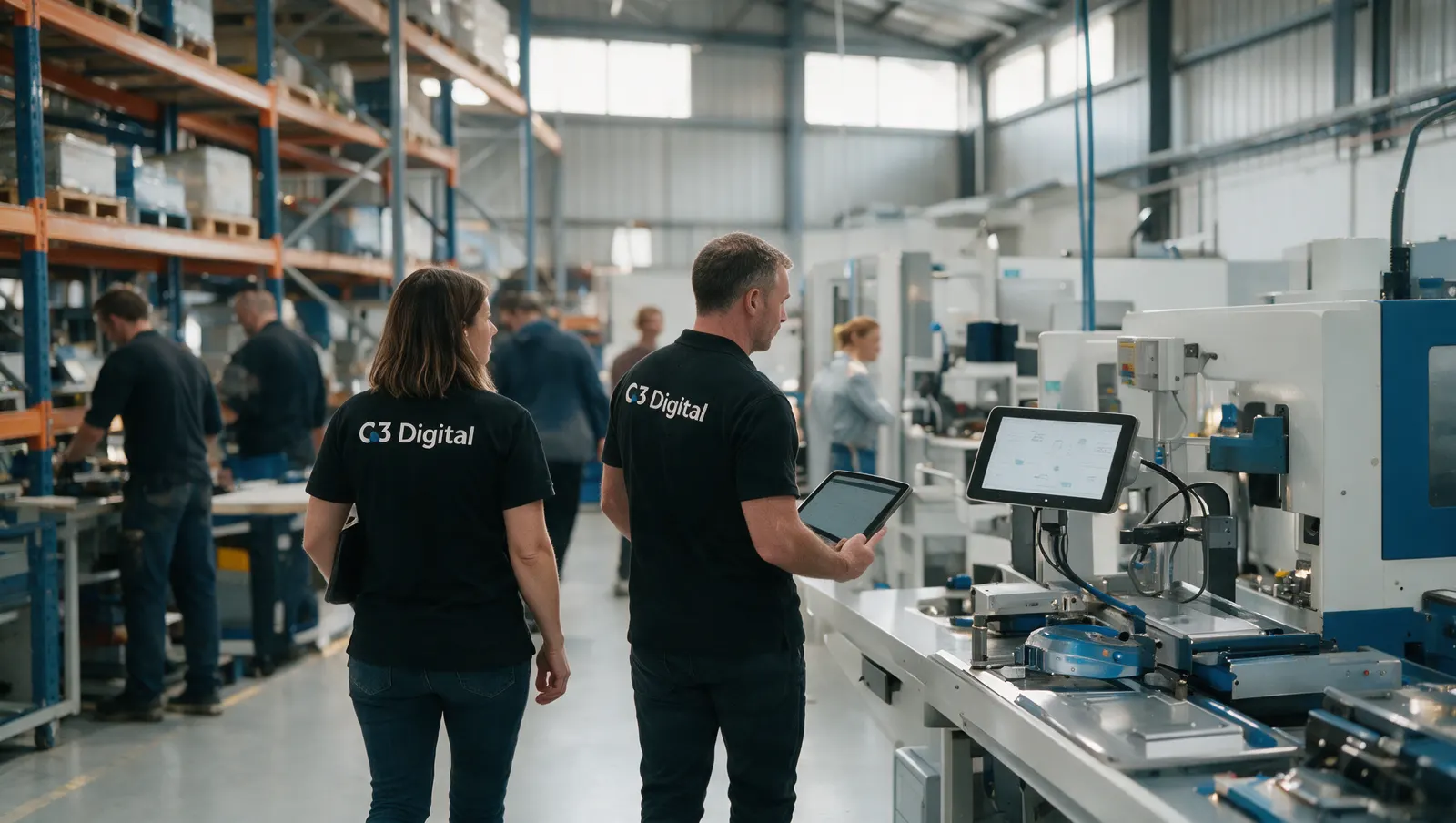Business team reviewing technology and operations on a factory floor