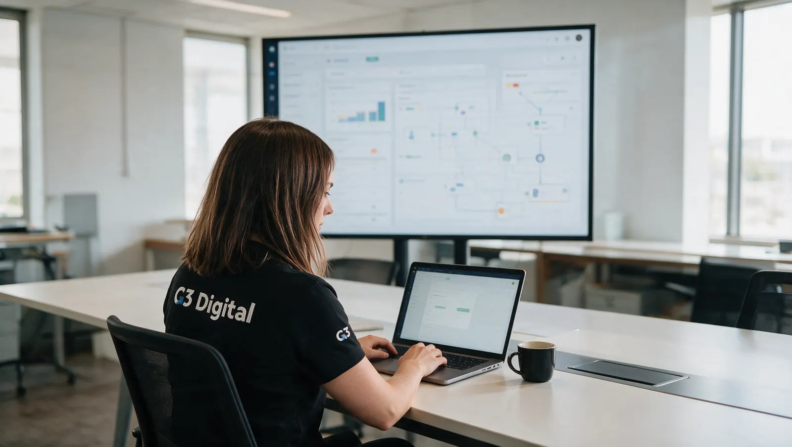 Team member working with a business workflow on a laptop