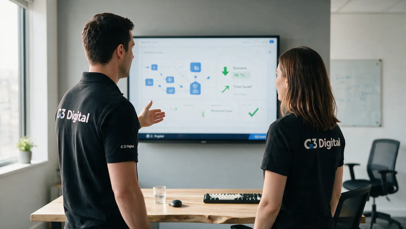 G3 Digital consultants walking a client through operational findings on screen